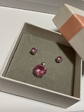 S925 Sterling Silver Pink Crystal Pendant & Stud Earrings Set